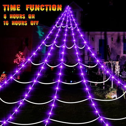 Halloween Decorations Outdoor Spider Web Lights,16.4Ft 220 LED Lighted Spider Web Light up with 8 Modes Waterproof Timer for Yard House Halloween Outdoor Decor Purple Spiderweb
