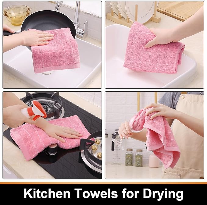 Mordimy 100% Cotton Terry Cloth Kitchen Towels, Super Soft and Absorbent Dish Towels for Drying, Checkered Designed Hand Towels for Kitchen, 16 x 26 Inches, 6 Pack, Pink