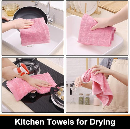 Mordimy 100% Cotton Terry Cloth Kitchen Towels, Super Soft and Absorbent Dish Towels for Drying, Checkered Designed Hand Towels for Kitchen, 16 x 26 Inches, 8 Pack, Pink
