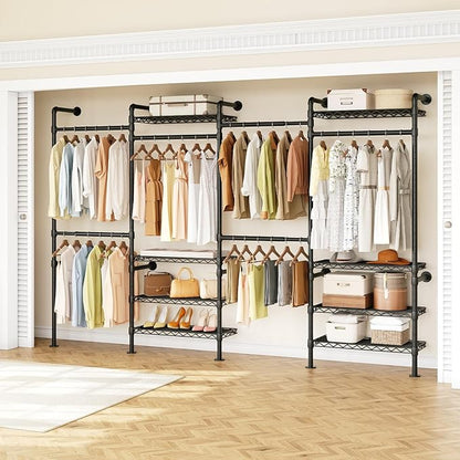 H4 Wall Mounted Closet System, Expandable Industrial Pipe Clothes Rack Clothing Rack for Hanging Clothes, Heavy Duty Closet Organizers and Storage in Wardrobe Closet