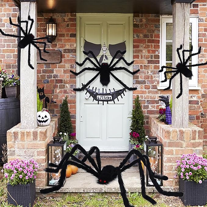 yosager Outdoor Halloween Decorations 4Pcs Realistic Giant Spiders, Huge Hairy Scary Halloween Spider Prop, Black Spooky Spider for Indoor House Outdoor Window Yard Patio Decor (24" 24" 36" 60")