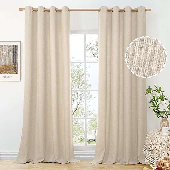 BGment Oatmeal Linen Curtains for Living Room 95 Inch Length 2 Panels Set, Privacy Semi Sheer Drapes Light Filtering with Grommet for Farmhouse Bedroom, Each 52 Inch Wide