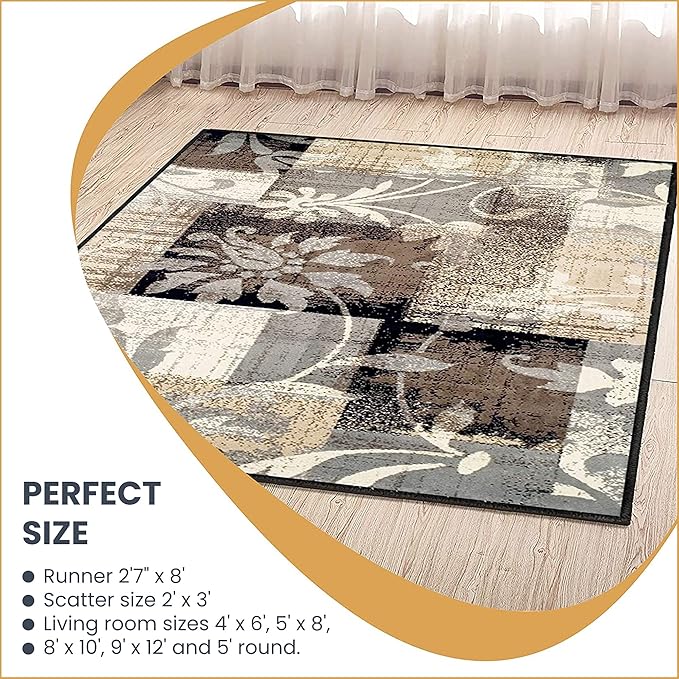 Superior Indoor Area Runner, Jute Backed, Perfect for Hallway, Entryway, Office, Living/ Dining Room, Bedroom, Kitchen, Floor, Modern Floral Decor, Pastiche Collection, 2' 7" x 8', Beige