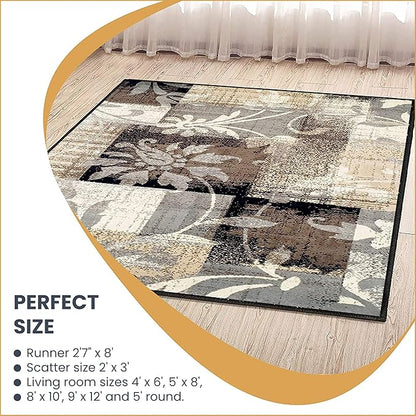 Superior Indoor Area Runner, Jute Backed, Perfect for Hallway, Entryway, Office, Living/ Dining Room, Bedroom, Kitchen, Floor, Modern Floral Decor, Pastiche Collection, 2' 7" x 8', Beige