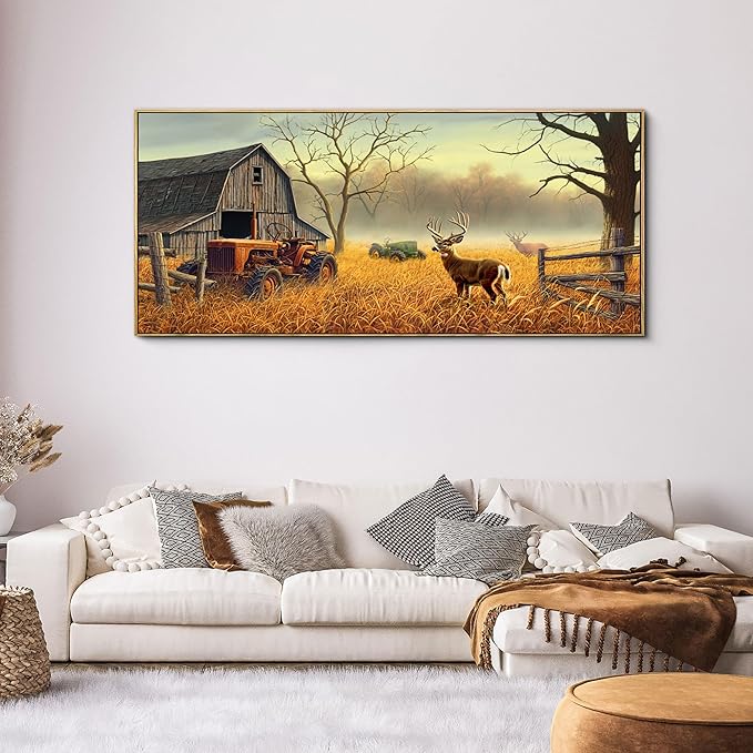 XLSJERST Extra Large Deer Wall Art for Living Room Canvas Prints Decor Decoration Country Tractor Rustic Wildlife Cabin Hunting Picture Glass Surface Artwork Ready to Hang for Bedroom Home Office - 70x31
