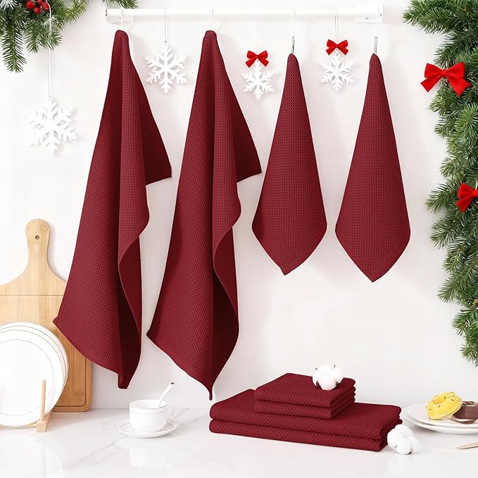 Homaxy 100% Cotton Kitchen Towels and Dishcloths Set, 12 x 12 Inches and 13 x 28 Inches, Set of 16 Bulk Kitchen Towels Set, Ultra Soft Absorbent Dish Cloths for Washing Dishes, Burgundy