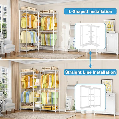 Ulif E4 Clothes Rack, Heavy-Duty Garment Rack, Metal Freestanding Clothing Organization Storage System Can Be L-shaped with Shelves and Hangers, Max Load 962lbs, 71.6" W x 14.5" D x 79.3" H, White