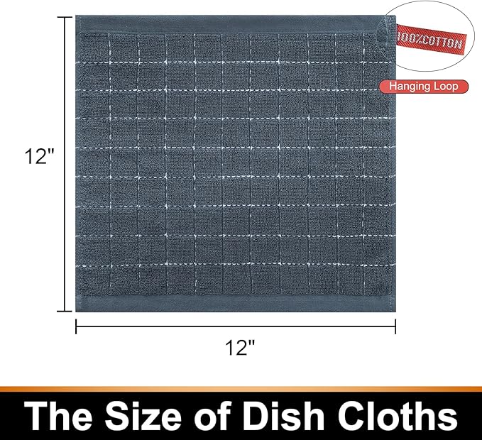 Mordimy 100% Cotton Terry Cloth Dish Cloths, Soft and Absorbent Checkered Dish Towels, Quick Drying Dish Rags for Washing Dishes, 8 Pack, 12 x 12 Inches, Grey