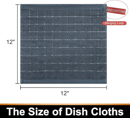 Mordimy 100% Cotton Terry Cloth Dish Cloths, Soft and Absorbent Checkered Dish Towels, Quick Drying Dish Rags for Washing Dishes, 8 Pack, 12 x 12 Inches, Grey