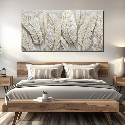 JuhaiArt White Picture Art Feather Canvas Wall Art Bedroom Gold Wall Decorations Art for Living Room Home Office 29" x 59" Artwork Prints