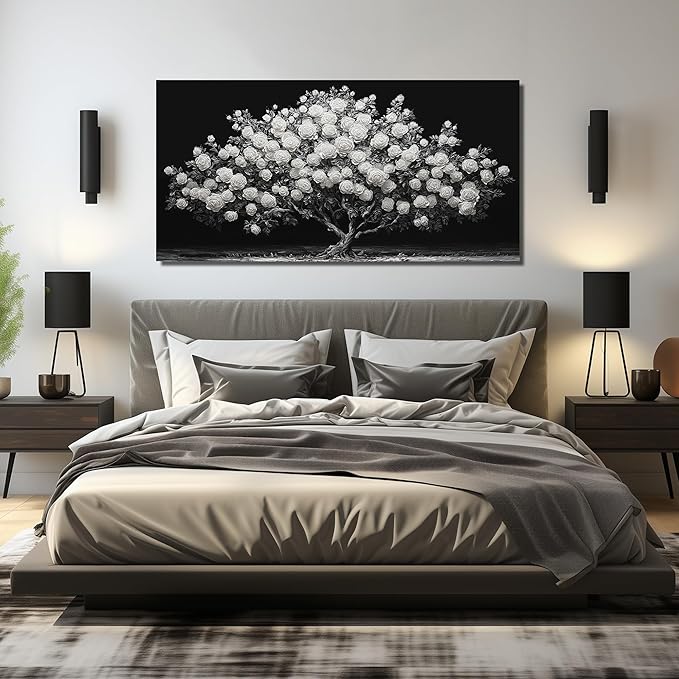 JuhaiArt Tree Painting Canvas Bedroom Black Poster Floral Wall Decor White Rose Wall Picture for Living Room Home Office 29"x 59"