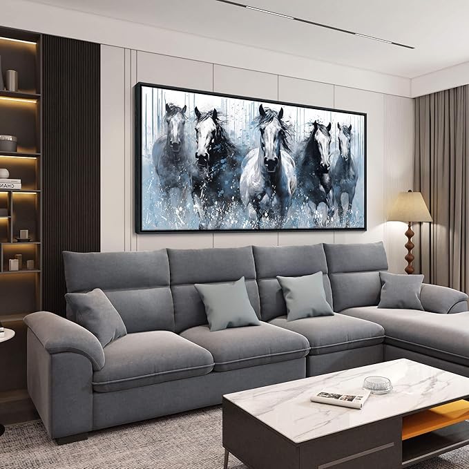 DUNHUANG ART Horse Canvas Wall Art - Equine Themed Running Horses Pattern for Home Décor - Rustic Farmhouse Animals Painting - Living Room, Bedroom, Bathroom, Office - White Horse 30"x60"