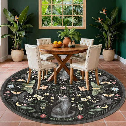 GarveeHome Round Area Rugs 5ft for Bedroom, Cat Black Washable Circle Rug Soft Non Slip Mushroom Floral Floor Mat Carpet Indoor Thin Rug for Bedroom Dining Room Playroom Nursery Gothic Decor