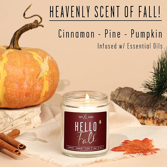 Fall Candles - 'Hello Fall Scented Candle' w/Cinnamon, Pumpkin & Fir I Infused with Essential Oils Autumn Scented Soy Candles for Home Décor, 9oz Reusable Jar, 50Hr Burn, Made in USA