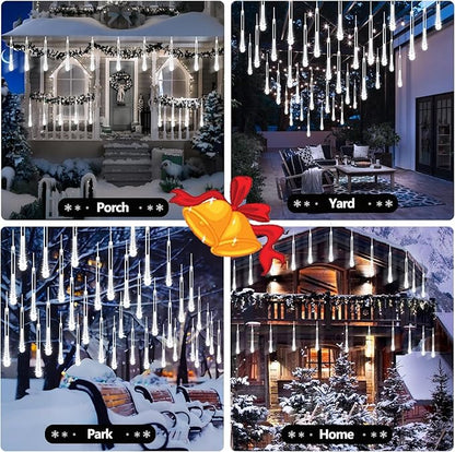 2 Pack Christmas Decorations Lights Outdoor, Extendable Meteor Shower Lights with Timer, Total 384LED 30cm 16 Tubes Indoor Outdoor Snow Cascading String Light for Xmas Garden Party Decor (Cool White)