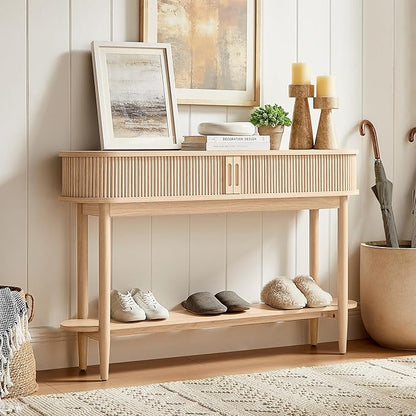 LINSY Fluted Console Table with Storage, Entryway Table Wood Entrance Tables for Front Door, Behind Couch Sofa Table with Shelves, Foyer Tables for Hallways, Living Room Boho Furniture, Light Wood