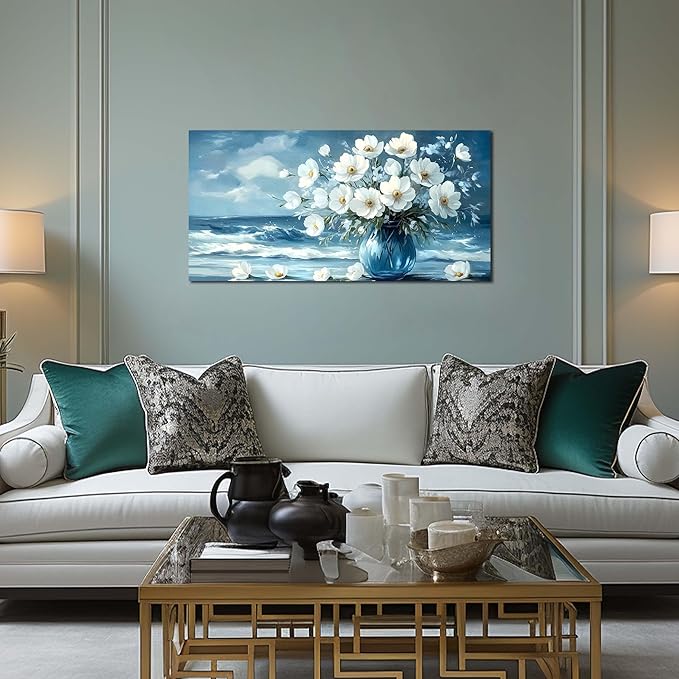 Flower Wall Art for Living Room, Ocean Canvas Wall-Decor for Bedroom, Blue and White Picture Print Artwork for Office, Size 40 x 20 Inches