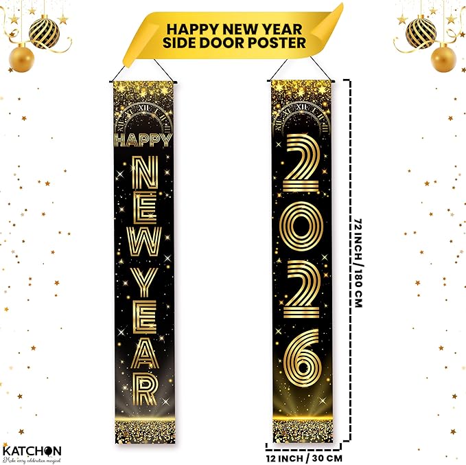 KatchOn, XtraLarge Happy New Year Banner - 72x12 Inch | New Years Decorations 2026 | New Years Eve Party Supplies 2026, Nye Decorations 2026 | Door Banner for Happy New Year 2026 | Nye Decor 2026