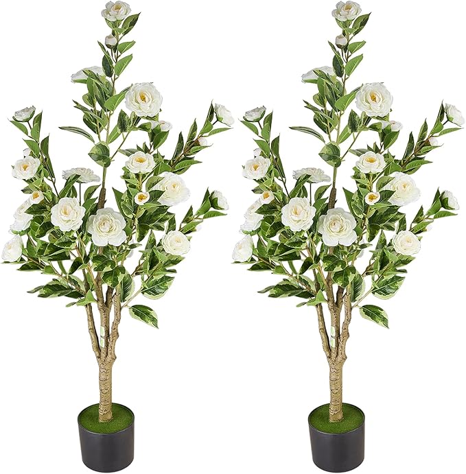 Artificial Tree 2pack, White Silk Camellia Flowers Faux Plant for Indoor Outdoor Home Decor, Realistic Potted Greenery for Office Porch Living Room-3FT