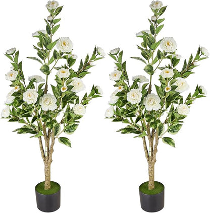 Artificial Tree 2pack, White Silk Camellia Flowers Faux Plant for Indoor Outdoor Home Decor, Realistic Potted Greenery for Office Porch Living Room-3FT