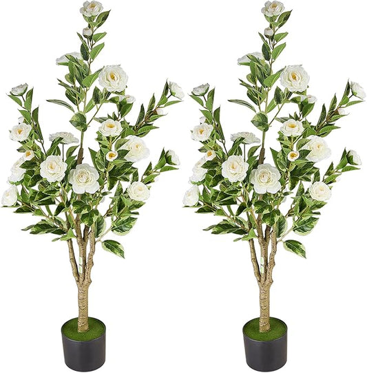 Artificial Tree 2pack, White Silk Camellia Flowers Faux Plant for Indoor Outdoor Home Decor, Realistic Potted Greenery for Office Porch Living Room-3FT