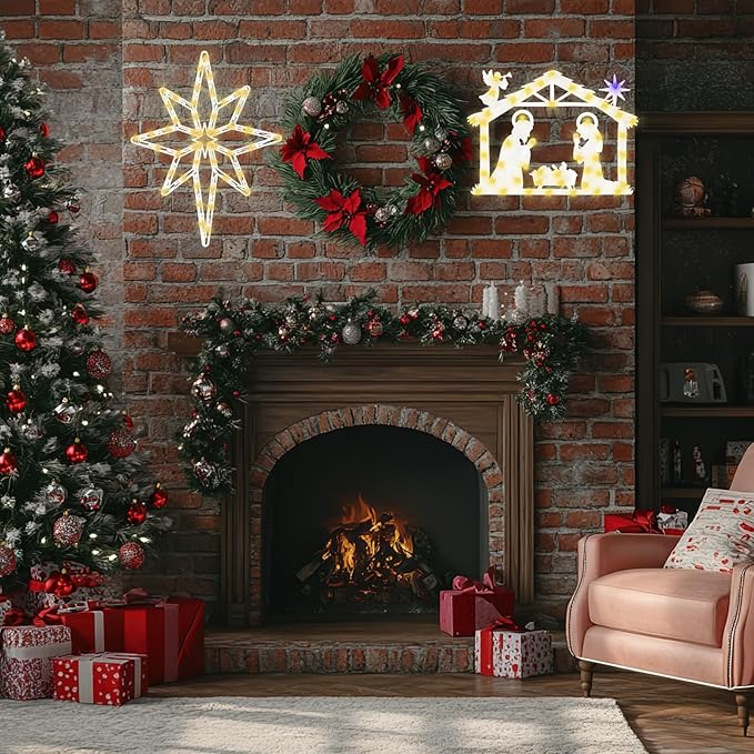 Christmas Decorations - 16" Christmas Window Silhouette Lights - 2 Pack Colour Lighted Bethlehem Star & Nativity for Holiday Indoor and Outdoor Wall Door Window Decorate
