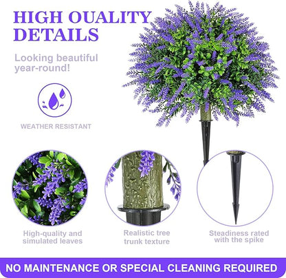 LAFORMO Artificial Lavender Topiary Ball Trees with Ground Spike, 2 Pack 15.7" UV Resistant Artificial Shrubs, Fake Evergreen Artificial Plant Brush for Indoor Outdoor Front Porch Garden
