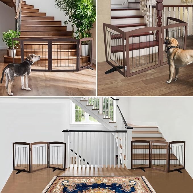 ZJSF Freestanding Dog Fence Indoor, Foldable Dog Gate for Doorways, Stairs or Hallways, Sturdy Wood Extra Wide Pet Gate with Support Feet for The House, Brown, 24 "Height-2 Panels