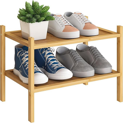 BMOSU 2-Tier Bamboo Small Shoe Rack Premium Stackable Shoe Shelf Storage Organizer for Hallway Closet Living Room Entryway Organizer(Natural)