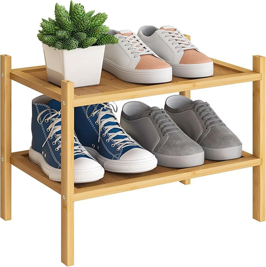BMOSU 2-Tier Bamboo Small Shoe Rack Premium Stackable Shoe Shelf Storage Organizer for Hallway Closet Living Room Entryway Organizer(Natural)