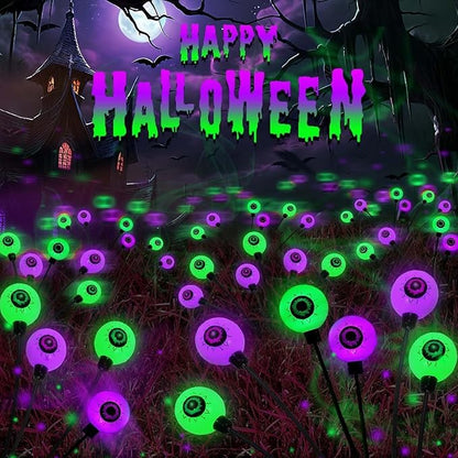 6 Pack Halloween Decorations Outdoor Solar Eyeball Lights, Purple and Green Scary Eyeball Swaying Firefly Lights with 2 Modes, Waterproof Halloween Pathway Lights for Yard Garden Lawn Party Decor