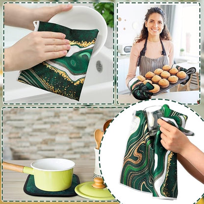 10 Pcs Christmas Marble Farmhouse Kitchen Decor Accessories Set Marble Kitchen Dish Towels Rugs Oven Mitts and Pot Holders Sets for Cooking Baking Daughter Mom Gift(Green)