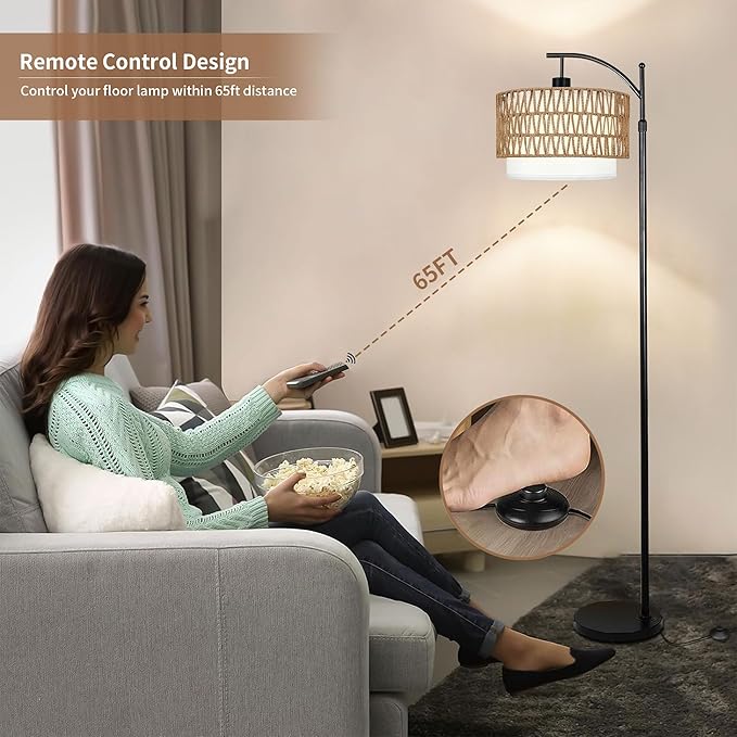 Arc Black Floor Lamp for Living Room with Remote,Dimmable LED Floor Lamp with 3 Color Temperature,Farmhouse Boho Standing Lamp with Rattan Wicker Shade,Adjustable Tall Lamp for Bedroom Office Corner