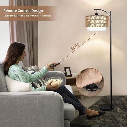 Arc Black Floor Lamp for Living Room with Remote,Dimmable LED Floor Lamp with 3 Color Temperature,Farmhouse Boho Standing Lamp with Rattan Wicker Shade,Adjustable Tall Lamp for Bedroom Office Corner