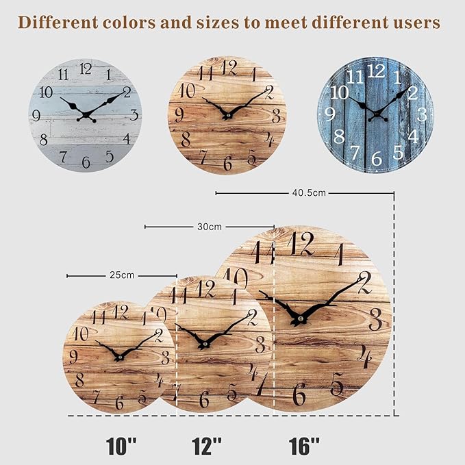Plumeet Extra Large Wall Clock, 16'' Frameless Wooden Wall Clocks with Silent Quartz Movement, Rustic Coastal Country Village Clocks Decorative for Kitchen Bedroom Living Room
