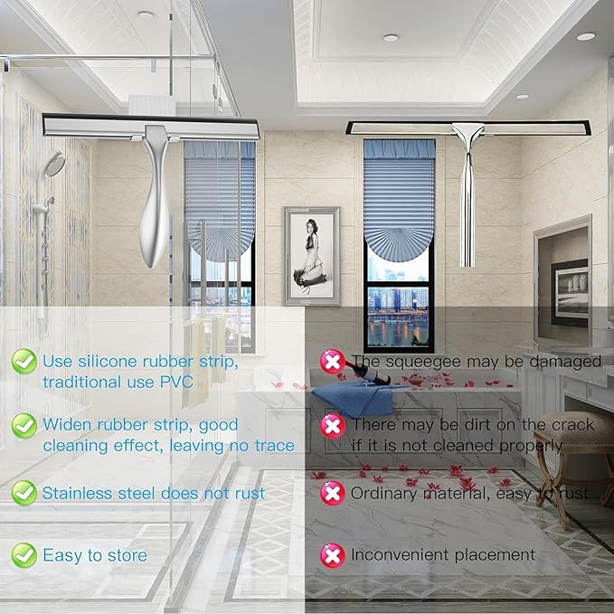 peafowl Shower Squeegee Stainless Steel Bath Squeegee for Shower Glass Doors Bathroom Windows Kitchen Mirror and Car Glass with Hooks Holder (10 inch, Brushed Silver)