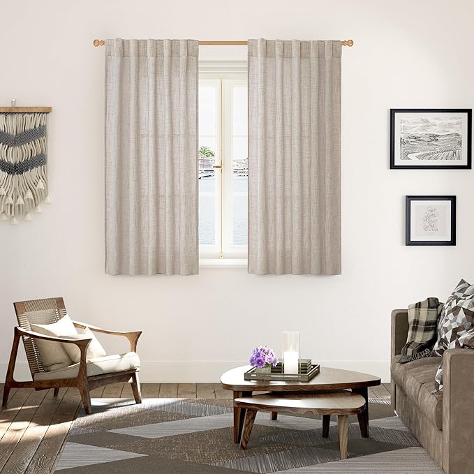 YoungsTex Linen Curtains 48 Inch Length for Living Room Window, Short Natural Semi Sheer Drapes with Rod Pocket Back Tab Light Filtering for Bathroom Bedroom, 2 Panels, 42 X 48 Inch