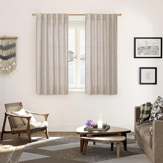 YoungsTex Linen Curtains 48 Inch Length for Living Room Window, Short Natural Semi Sheer Drapes with Rod Pocket Back Tab Light Filtering for Bathroom Bedroom, 2 Panels, 42 X 48 Inch