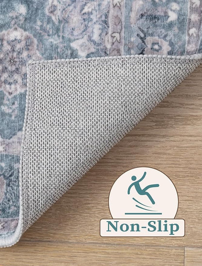 SERISSA Boho Washable Runner Rug, 2'6"x8' Non-Slip Vintage Floral Hallway Kitchen Runner Rug Ultra Soft Print Distressed Blue Grey Floor Carpet for Bedroom Bathroom Laundry Room