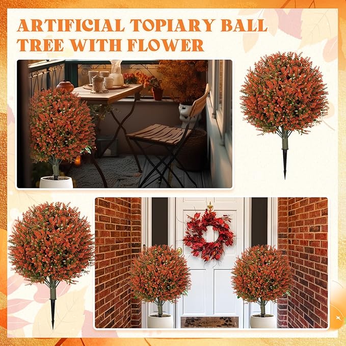 24 Fall Artificial Topiary Ball Trees with Flowers Set of 2, Outdoor Fake Topiary with Ground Spike, UV Resistant Faux Artificial Plant Bush for Indoor Front Porch Garden(2 Pack, Golden)