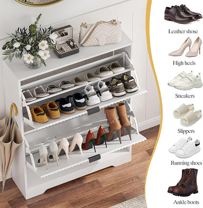 Shoe Cabinet Storage for Entryway with 2 Flip Drawers, White Fluted Shoe Cabinet with Open Storage, Wooden Hidden Shoe Rack Freestanding Narrow Slim Shoes Organizer for Hallway, Entrance