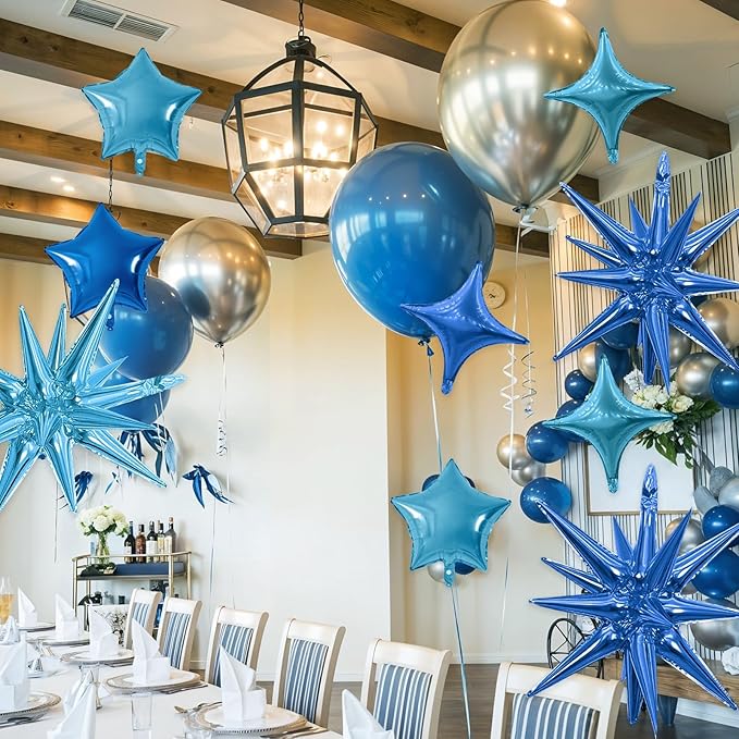 Blue Star Balloon,16Pcs Light Blue Star Foil Balloons Set with 22Inch Explosion Spike Cone Balloons and 10Inch Quadrangle Helium Balloon for Birthday Wedding Baby Shower Party Decorations