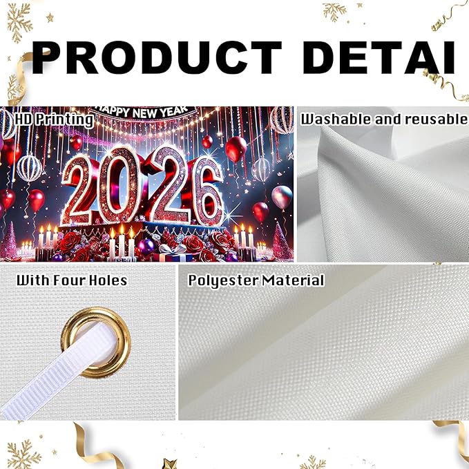Nuxovilar Happy New Year Banner, 2026 Stage Lights Backdrop for Party Decorations, 71x43 Inch