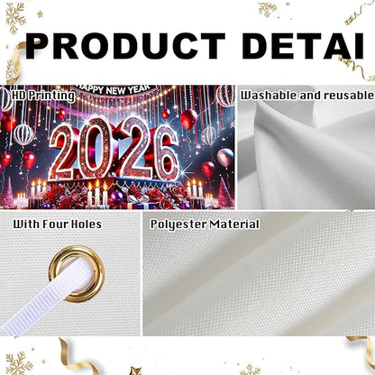 Nuxovilar Happy New Year Banner, 2026 Stage Lights Backdrop for Party Decorations, 71x43 Inch