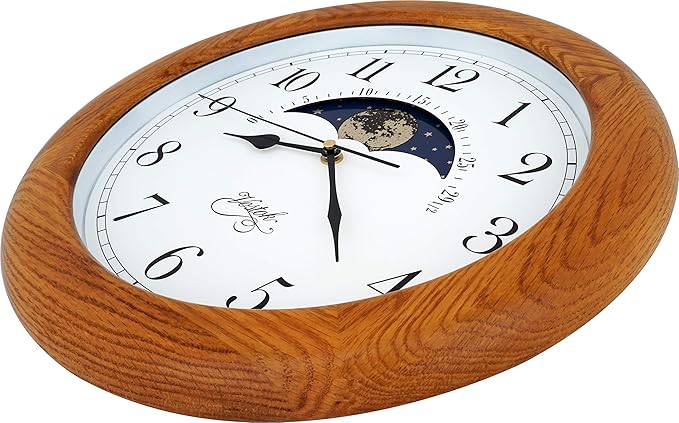 JUSTIME 14 Inch Exclusive Solid Oak Wood Non-Ticking Sweep Mechanical Specialty Moon Phase Moving Dial Wall Clock, Gift, Home Décor