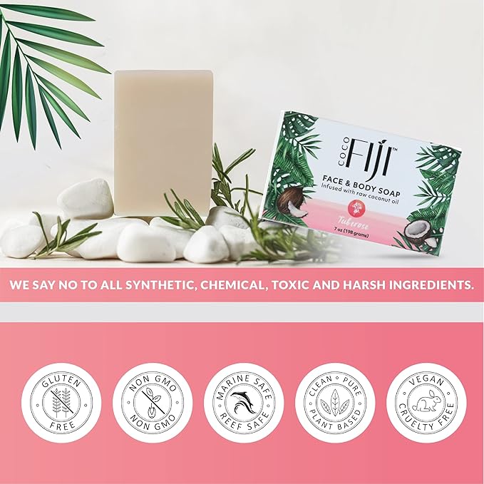 Coco Fiji Soap Bar for Face and Body Infused With Organic Coconut Oil, Tuberose, Essential Oil, Natural Soap for Moisturizing & Pore Purifying Skin, 7 oz,Pack of 3