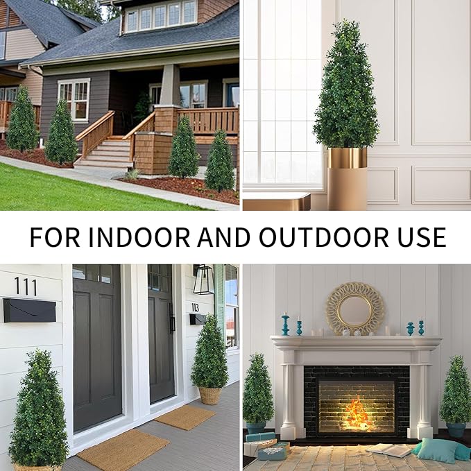 3FT Artificial Boxwood Topiary Balls Trees with Ground Spike, 2 Pack UV Resistant Artificial Shrubs, Fake Evergreen Artificial Plant Brush for Indoor Outdoor Front Porch Garden