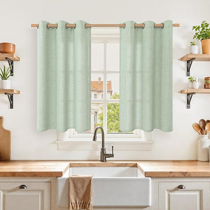 YoungsTex Sage Green Kitchen Window Curtains, Short Linen Drapes with Bronze Grommet Light Filtering Semi Sheer for Bathroom Cafe Windows, 42 x 40 Inch, 2 Panels