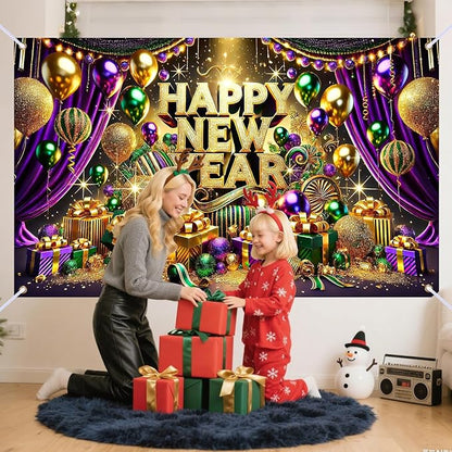 Nuxovilar Happy New Year Banner, Purple Drape Golden Ornaments Backdrop for Party Decorations, 71x43 Inch