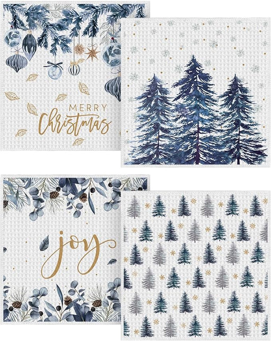 Artoid Mode Blue Xmas Tree Leaves Pinecone Christmas Kitchen Dish Cloths, 12x12 Inch Quick Dry Microfiber Dishcloths for Kitchen Dish Rags Set of 4